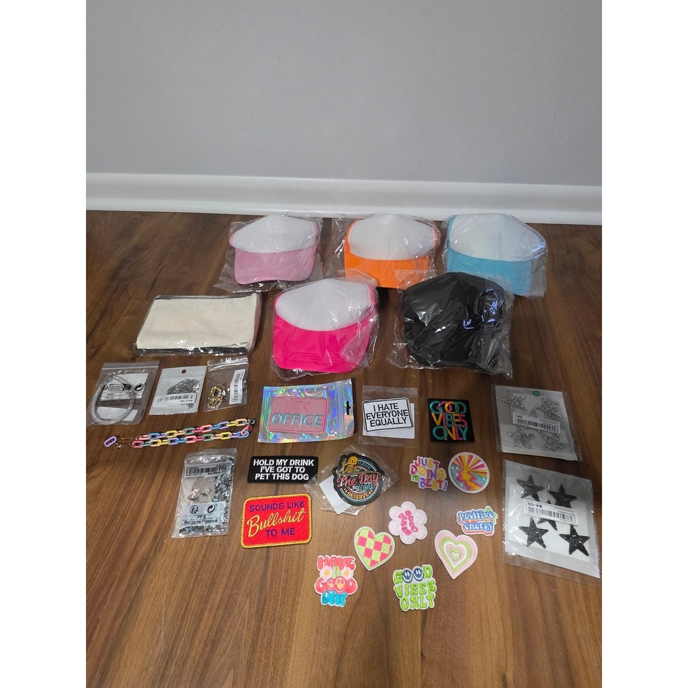 DIY Craft Bundle: Trucker hats, canvas pouches, iron on patches and rhinestones